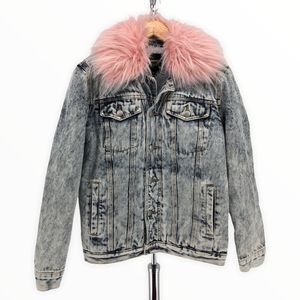 Juicy Couture Black Label Pink Fur Collar Acid Wash Denim Jacket size XS